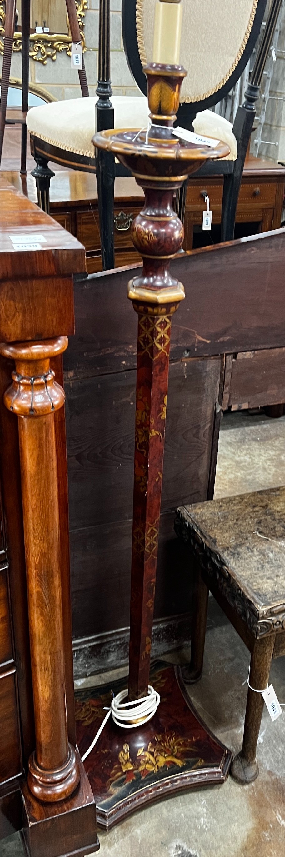 An early 20th century chinoiserie lacquered faux tortoiseshell standard lamp, height 150cm